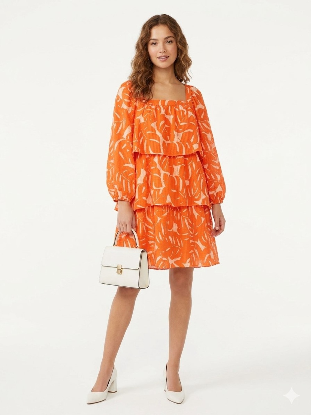 Who What Wear Orange Leaves Balloon Sleeve Tiered Square Neck Dress XL